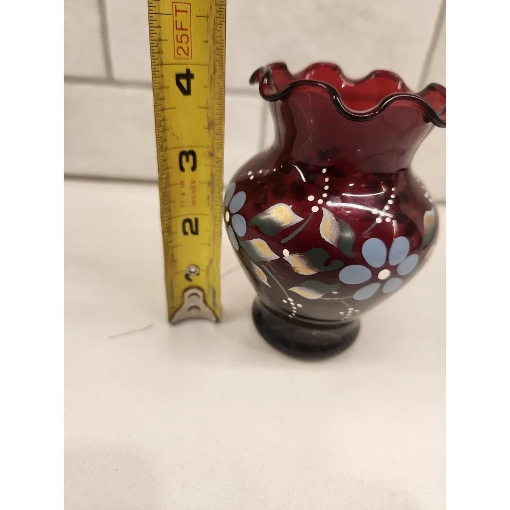 Vintage Anchor Hocking Royal Ruby Hand Painted‎ Bud Vase With Flowers 4 Inches
